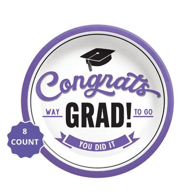 Purple School Spirit “Congrats Grad” Dessert Paper Plates – 7" (8 Count)