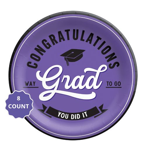 Purple School Spirit “Congratulations Grad” Round Paper Plates – 9" (8 Count)