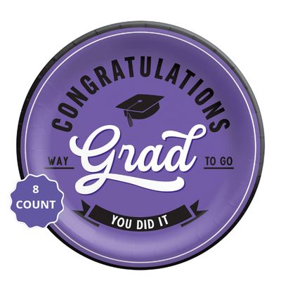 Purple School Spirit “Congratulations Grad” Round Paper Plates – 9" (8 Count)