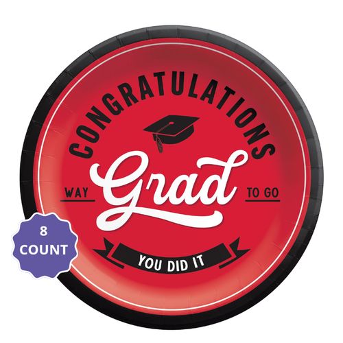 Red School Spirit “Congratulations Grad” Round Paper Plates – 9" (8 Count)