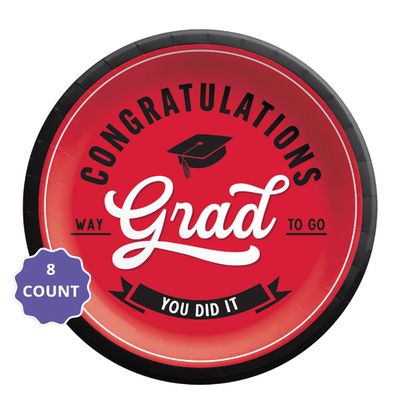 Red School Spirit “Congratulations Grad” Round Paper Plates – 9" (8 Count)