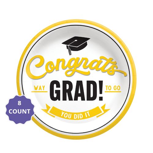 Yellow School Spirit “Congrats Grad” Round Paper Plates – 7" (8 Count)