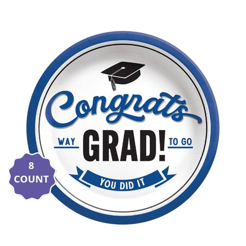 Blue School Spirit “Congrats Grad” Dessert Paper Plates – 7" (8 Count)