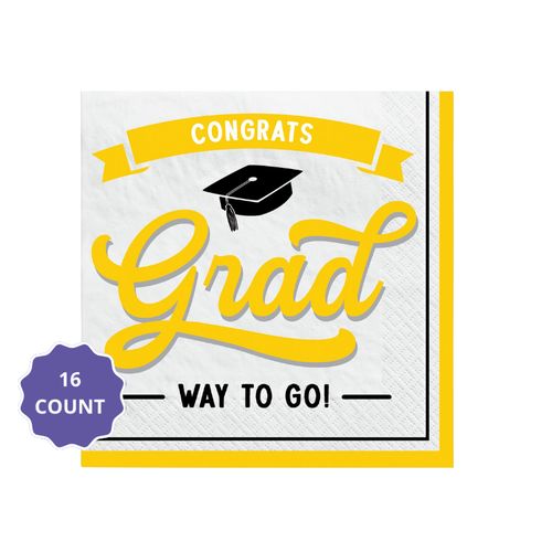 Yellow School Spirit “Congrats Grad” Beverage Napkins – 5" x 5" (16 Count)