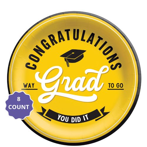 Yellow School Spirit “Congratulations Grad” Round Paper Plates – 9" (8 Count)