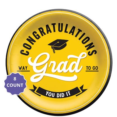 Yellow School Spirit “Congratulations Grad” Round Paper Plates – 9" (8 Count)