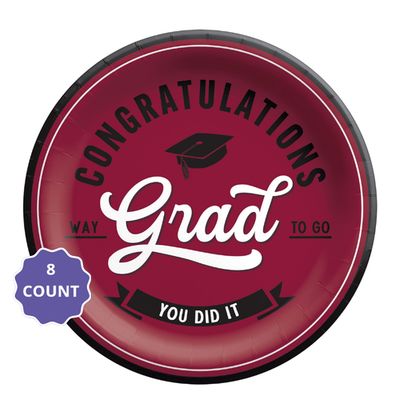 Maroon School Spirit “Congratulations Grad” Round Paper Plates – 9" (8 Count)