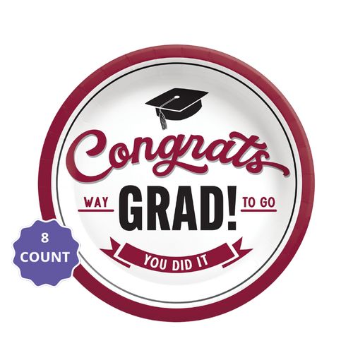 Maroon School Spirit “Congrats Grad” Dessert Paper Plates – 7" (8 Count)