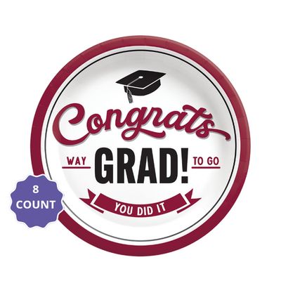 Maroon School Spirit “Congrats Grad” Dessert Paper Plates – 7" (8 Count)