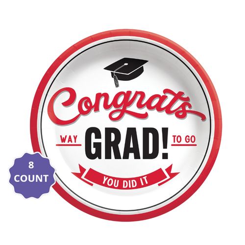Red School Spirit “Congrats Grad” Dessert Paper Plates – 7" (8 Count)