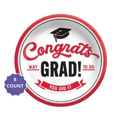 Red School Spirit “Congrats Grad” Dessert Paper Plates – 7" (8 Count)