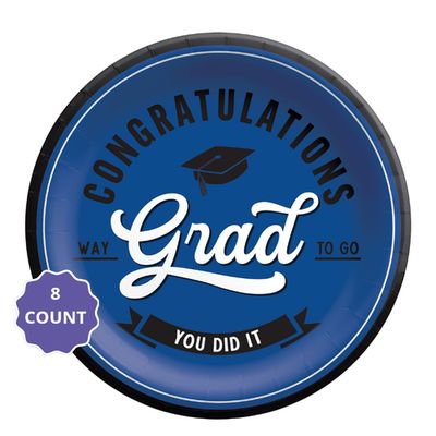 Blue School Spirit “Congratulations Grad” Round Paper Plates – 9" (8 Count)