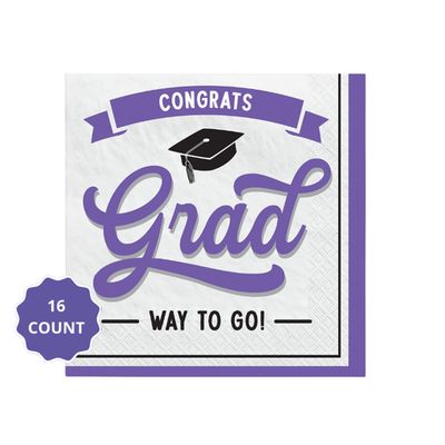 Purple School Spirit “Congrats Grad” Beverage Napkins – 5" x 5" (16 Count)