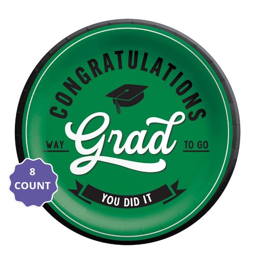 Green School Spirit “Congratulations Grad” Round Paper Plates – 9" (8 Count)