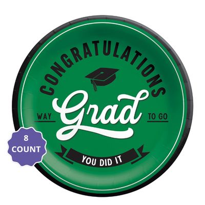 Green School Spirit “Congratulations Grad” Round Paper Plates – 9" (8 Count)