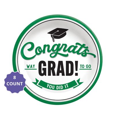 Green School Spirit “Congrats Grad” Dessert Paper Plates – 7" (8 Count)