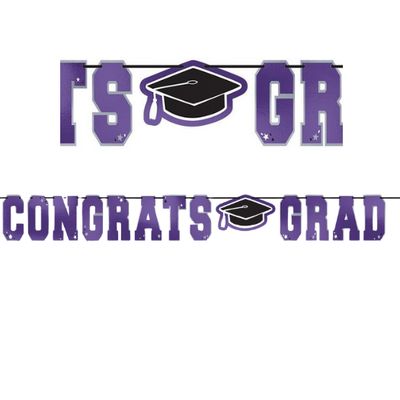 School Spirit Large Foil Letter Banner – Purple “Congrats Grad” (12 ft)