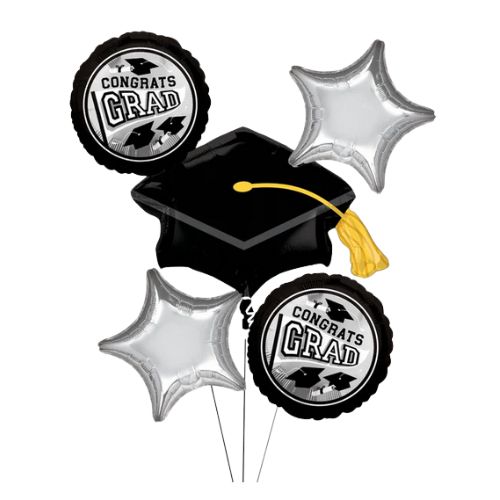 "Congrats Grad" Graduation Cap/Star Satin Foil Balloon Bouquet, Silver/Black, 5-pk