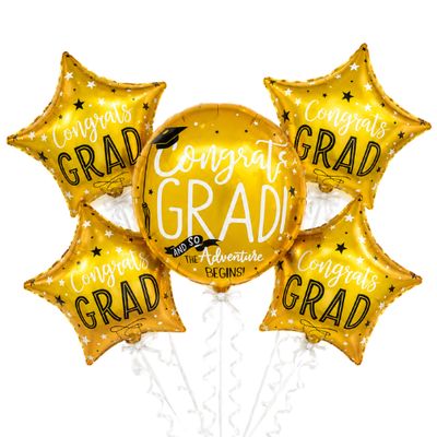 Congrats Grad Gold Foil Balloon Bouquet | 5 Piece Graduation Decoration Set
