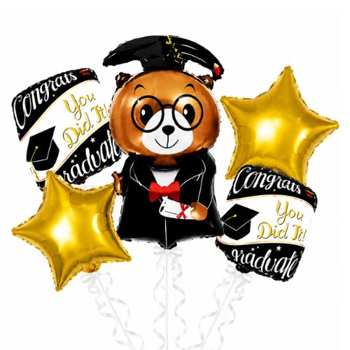 Graduation Bear Foil Balloon Bouquet with Gold Star Balloons | 5 Piece Graduation Decoration Set