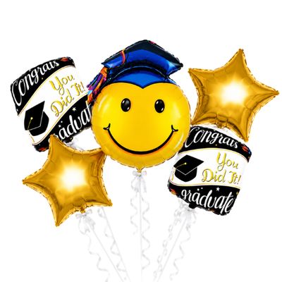 Graduation Smiley Face Balloon Bouquet with Gold Star Balloons | 5 Piece Graduation Decoration Set
