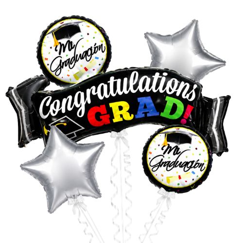 Congratulations Grad Balloon Bouquet with Silver Stars | 5 Piece Graduation Decoration Set