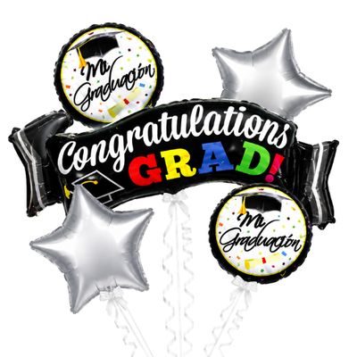 Congratulations Grad Balloon Bouquet with Silver Stars | 5 Piece Graduation Decoration Set