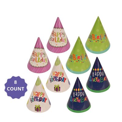 8" Birthday Party Hats – 8ct Assorted Designs