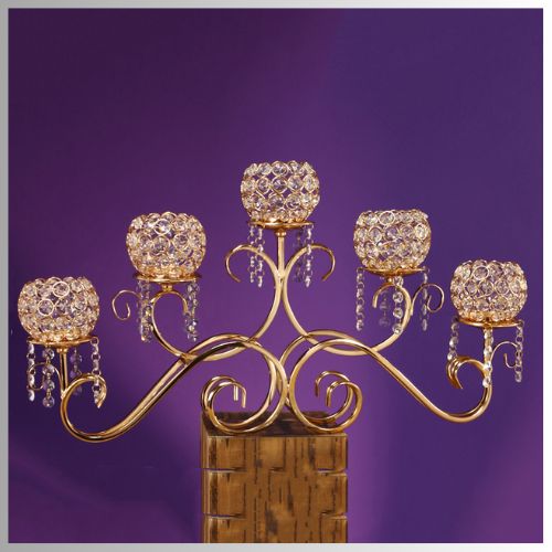 14" x 28.5" 5-Arm Crystal Metal Candle Holder Centerpiece, Color: Gold