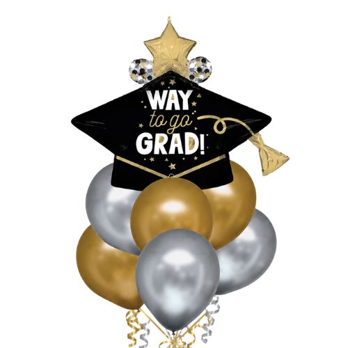 33" Way to Go Grad Balloon Bouquet with Gold &amp; Silver Latex Balloons – 7 Pieces