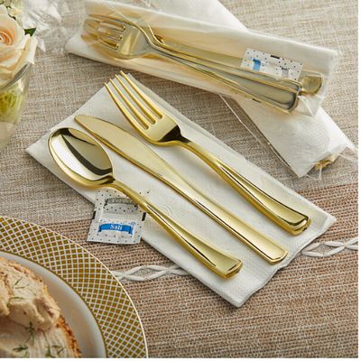 Classic Gold Heavy Weight Plastic Cutlery Set with Napkin &amp; Salt/Pepper Packets, 25ct