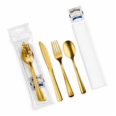 Classic Gold Heavy Weight Plastic Cutlery Set with Napkin &amp; Salt/Pepper Packets, 25ct