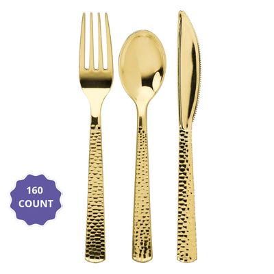 Gold Pebbled Metallic Premium Plastic Cutlery Combo 160ct