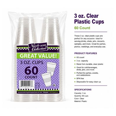 3 oz Clear Plastic Cups 60ct | Disposable Transparent Party Cups