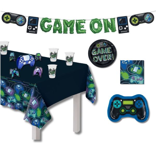 Game On Party Kit for 8 Guests | Gamer Birthday Tableware &amp; Decorations Bundle