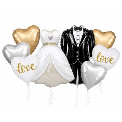Bride &amp; Groom Wedding Balloon Bouquet 8-Piece Set | Elegant Wedding Foil Balloons