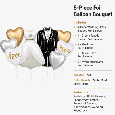 Bride & Groom Wedding Balloon Bouquet 8-Piece Set | Elegant Wedding Foil Balloons