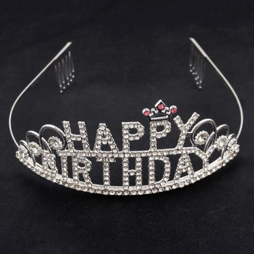Happy Birthday Rhinestone Tiara | Silver Crystal Birthday Crown