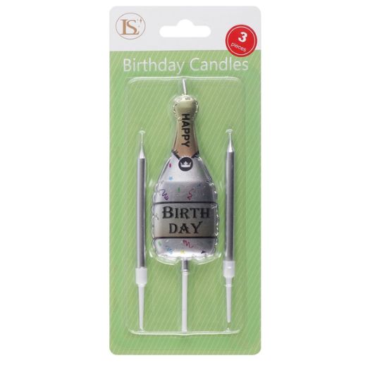 Champagne Bottle Birthday Candle 3.5" | Celebration Cake Candle, Color: Silver