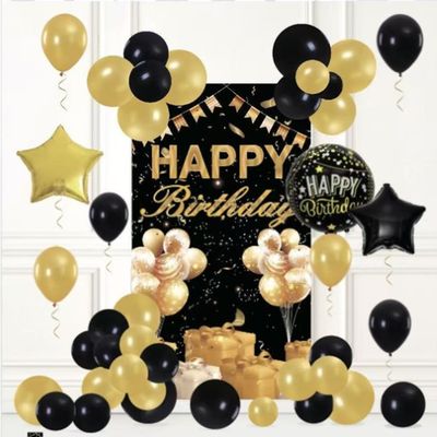 Gold/Black Happy Birthday Balloon Set 48pc with Backdrop &amp; Balloons