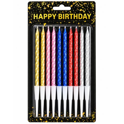 Metallic Twisted Birthday Candles with Holders – Assorted Colors, 10 Pack