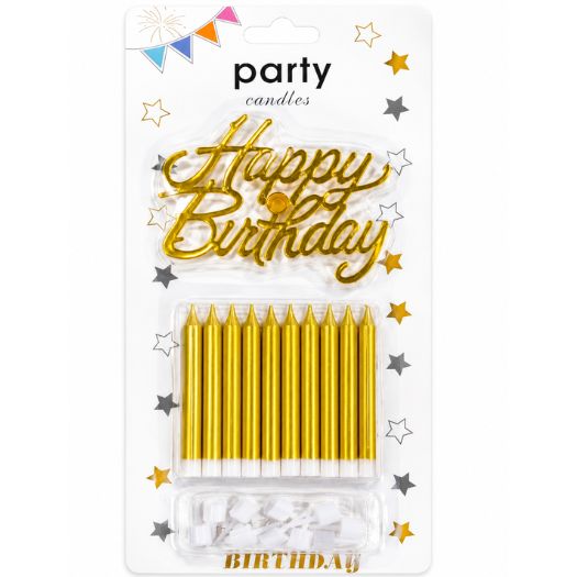 Gold Happy Birthday Cake Decoration &amp; Candle Set