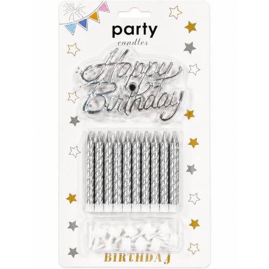 Silver Happy Birthday Cake Decoration &amp; Candle Set