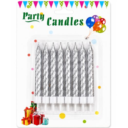 Metallic Silver Spiral Birthday Candles – 8 Count