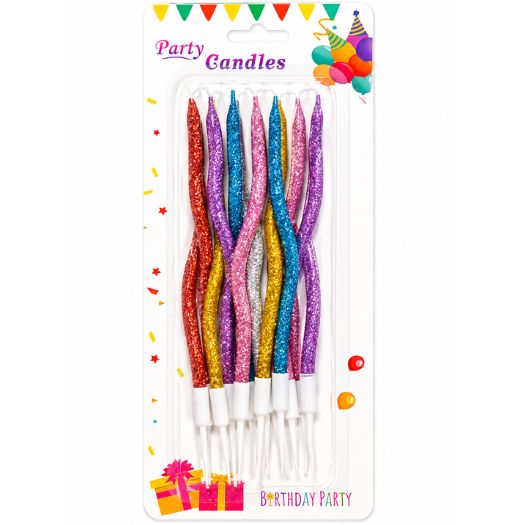 Glitter Wavy Birthday Candles – Assorted Colors, 12 Count