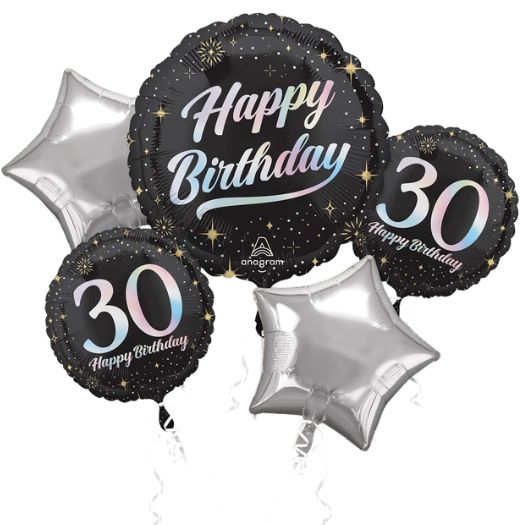 Sparkling Silver 30th Birthday Balloon Bouquet – 5 Piece
