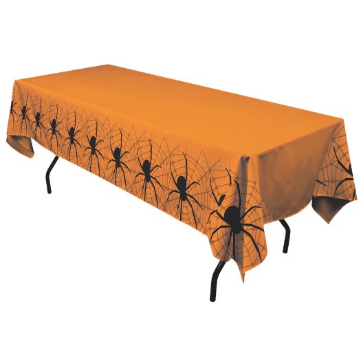 Halloween Plastic Table Cover – Orange Spider Web Design, 52" x 102" (1 Pc)