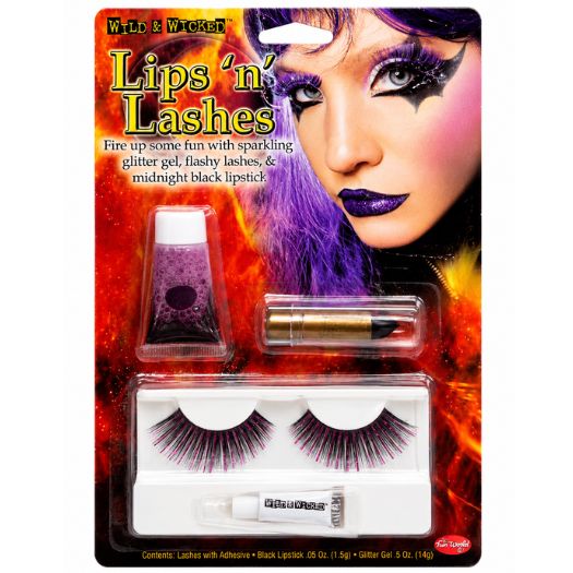 Wild &amp; Wicked Lips 'n' Lashes Makeup Kit – Glitter Gel, Black Lipstick &amp; False Eyelashes (1 Kit)