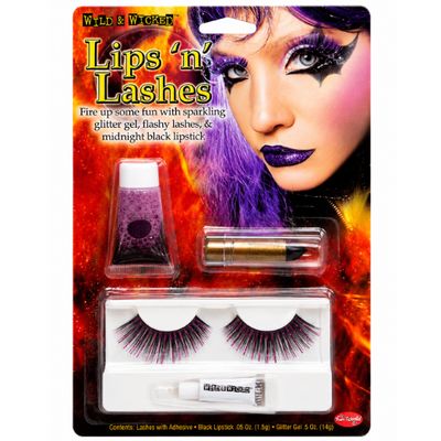 Wild &amp; Wicked Lips 'n' Lashes Makeup Kit – Glitter Gel, Black Lipstick &amp; False Eyelashes (1 Kit)