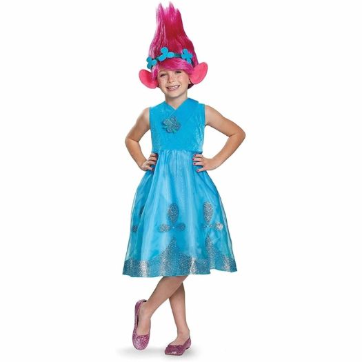 Girls' Trolls Poppy Deluxe Costume – Dress &amp; Wig with Ears (Size L 10–12), Size: L(10-12)